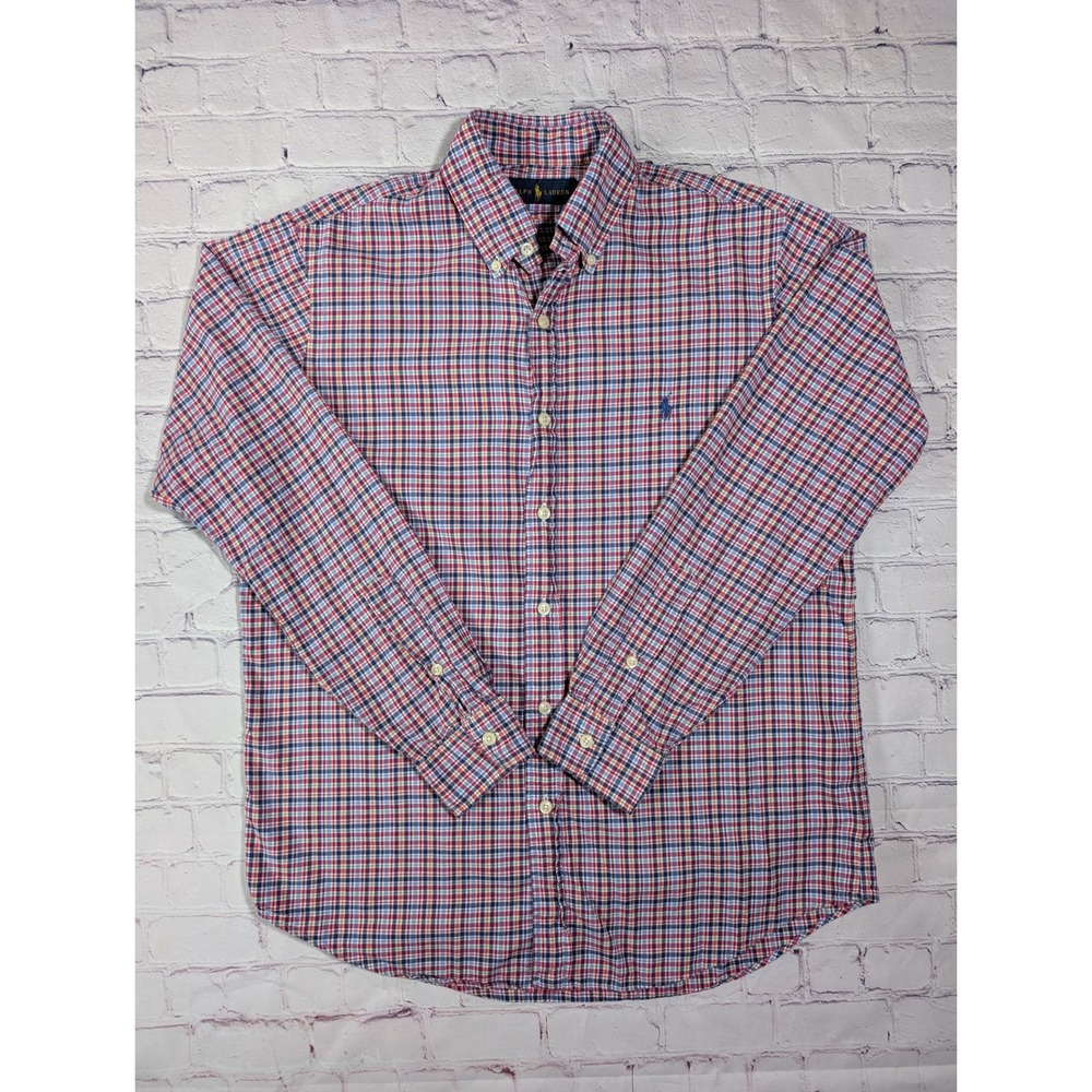 Ralph Lauren 710733947004 Button Down Shirt Mens M Cotton Red Blue Plaid Pony